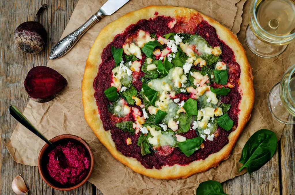 beet hummus spinach goat cheese pizza