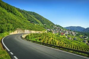 Road of Prosecco wine, vineyards and S.Stefano village. Unesco Site. Valdobbiadene, Veneto, Italy